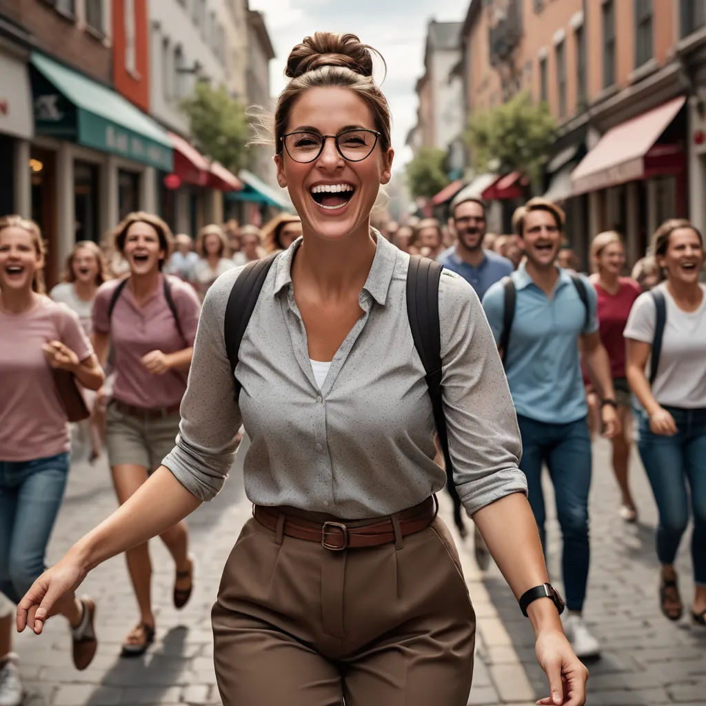 a woman with glasses is walking down the street with a group of people behind her and laughing at the camera, kitsch movement, a stock photo, Elke Vogelsang, behance hd