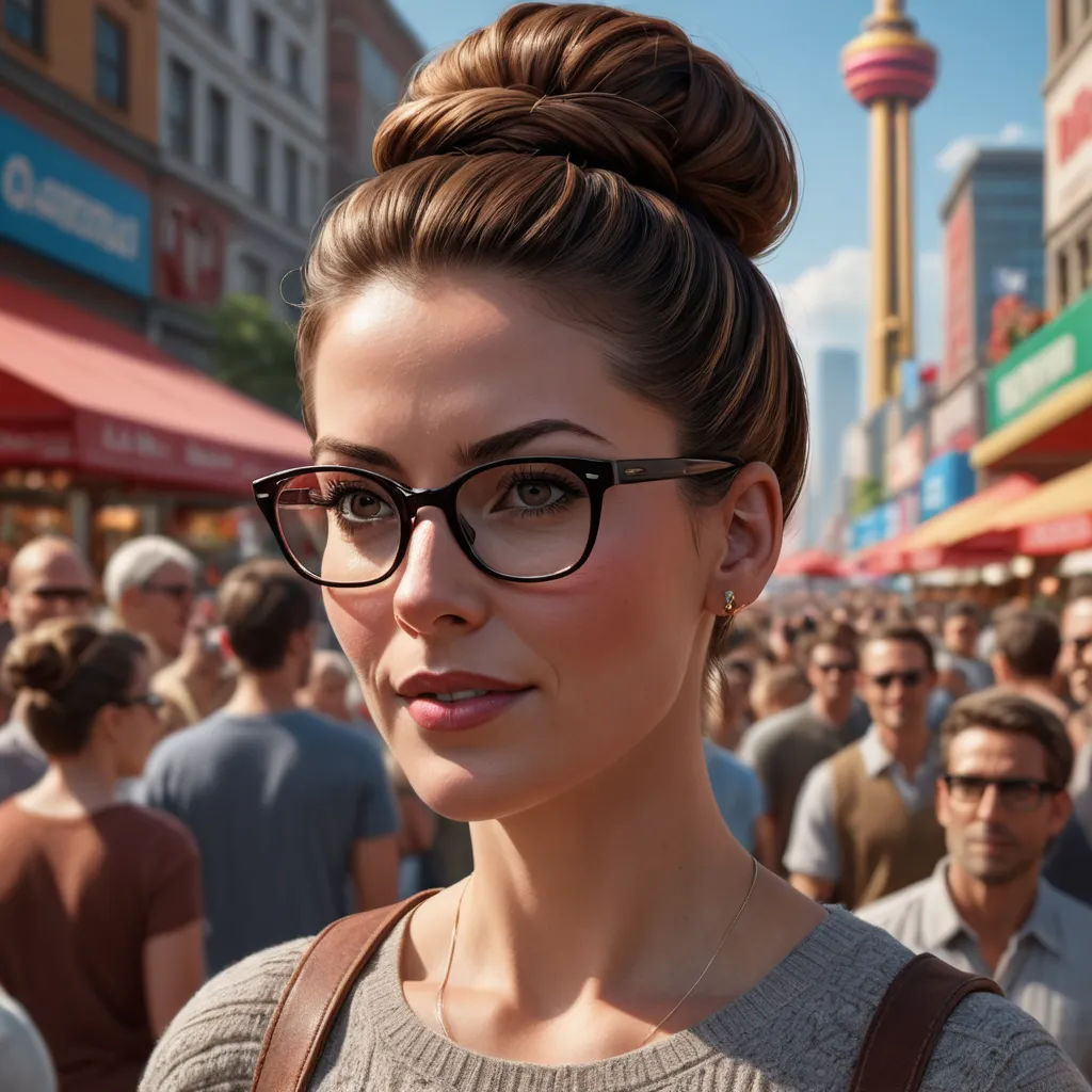 a woman with glasses standing in front of a crowd of people in a city street with a sky background, photorealism, a computer rendering, Christian Hilfgott Brand, 8k photorealistic