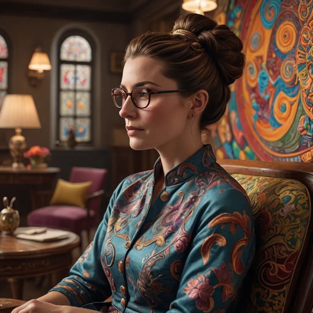 a woman sitting in a chair with a laptop computer in her hand and a stained glass window behind her, cloisonnism, a character portrait, Arabella Rankin, promotional image