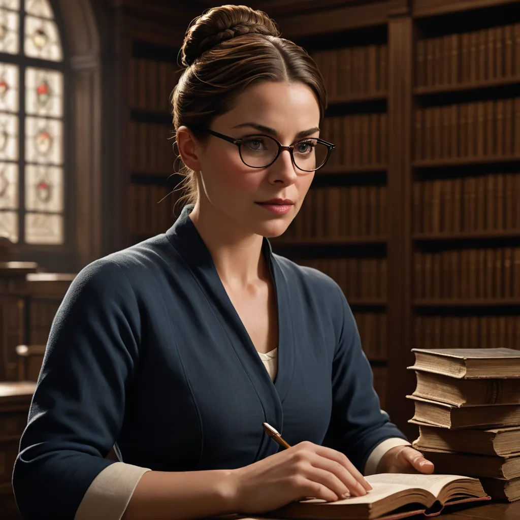 a woman sitting at a table with a stack of books in front of her and a pen in her hand, academic art, a character portrait, Constance Gordon-Cumming, promotional image