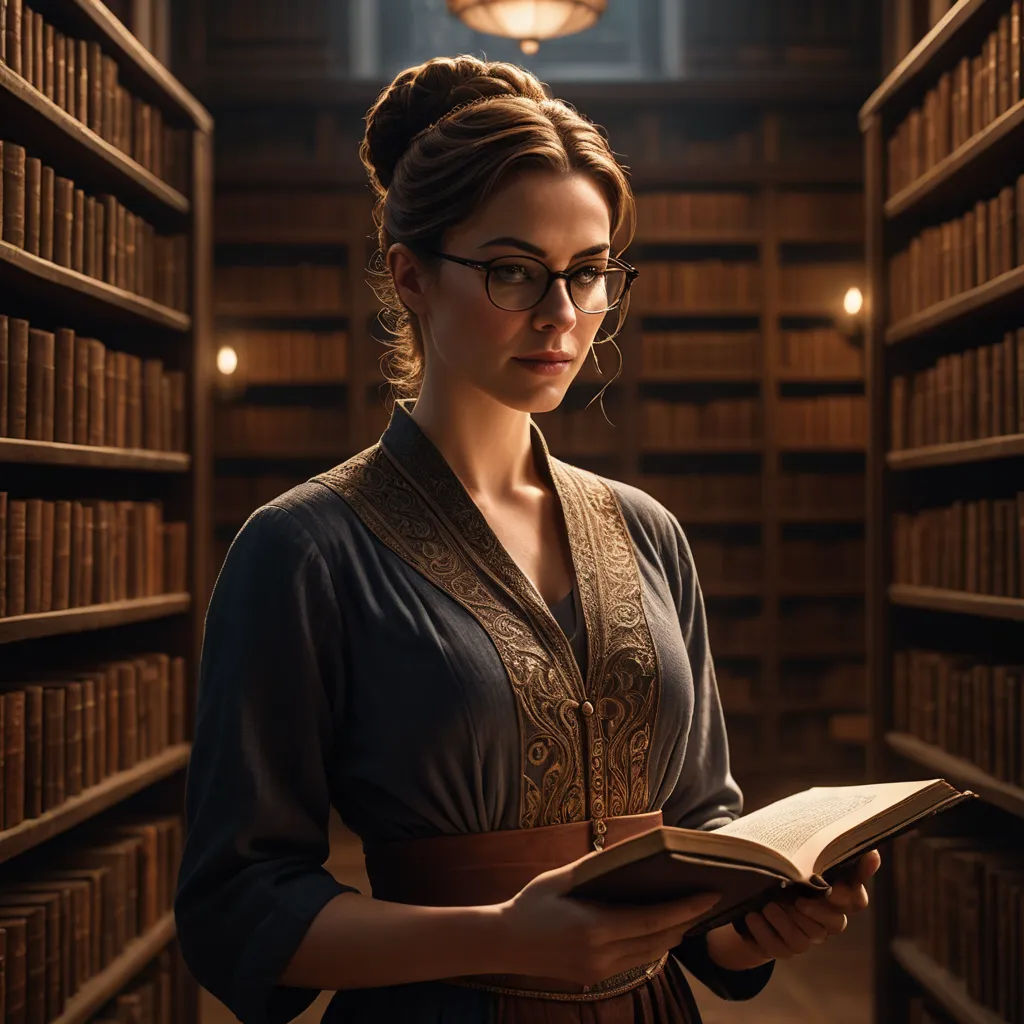 a woman in a library reading a book with a lamp above her head and a chandelier above her head, academic art, a character portrait, Constance Gordon-Cumming, glasses