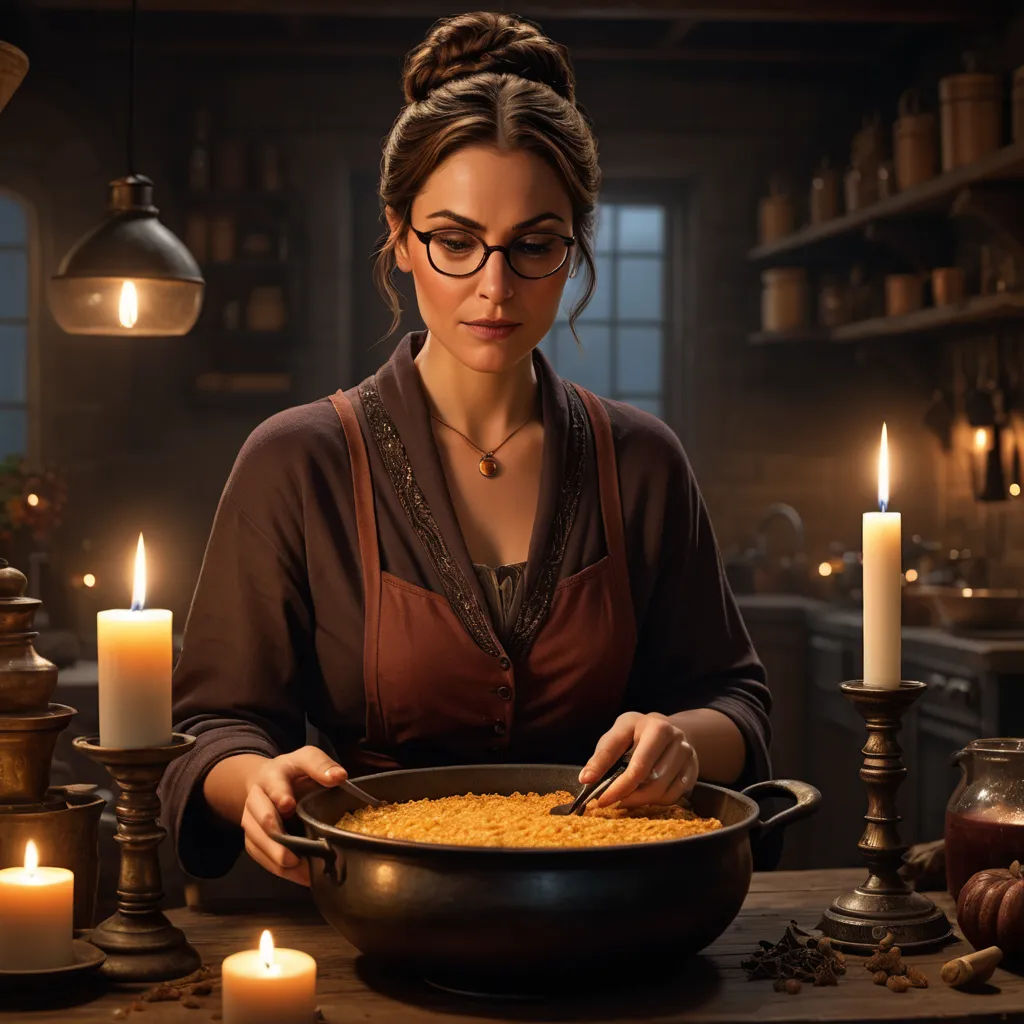 a woman in glasses is stirring a bowl of food with a spoon and a candle in the background,, symbolism, a character portrait, Constance Gordon-Cumming, promotional image