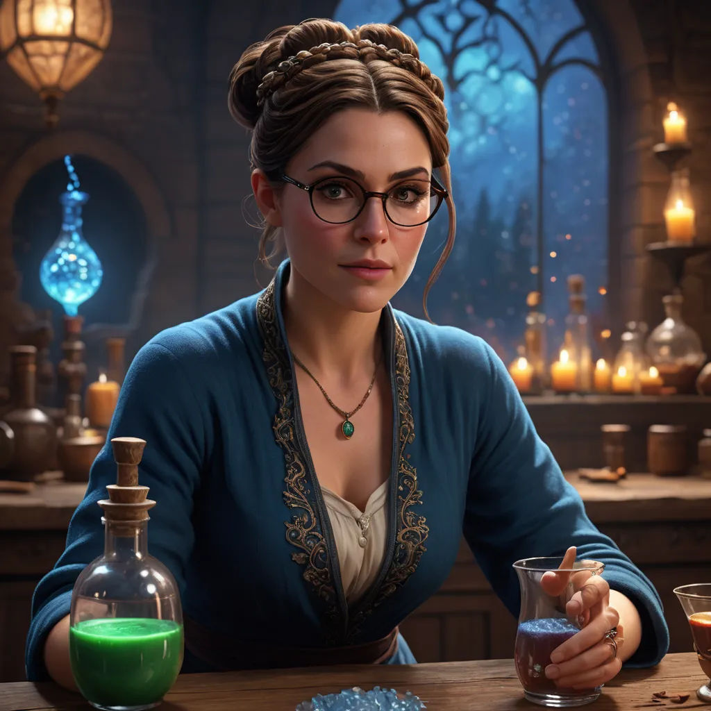 a woman sitting at a table with a glass of liquid in front of her and a bottle of liquid in front of her, fantasy art, computer graphics, Cedric Peyravernay, unreal engine highly rendered
