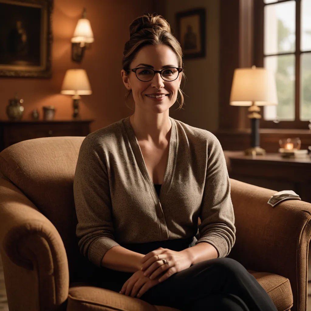 a woman sitting in a chair smiling for the camera with a lamp on the side of the room behind her, academic art, a character portrait, Claire Dalby, promotional image