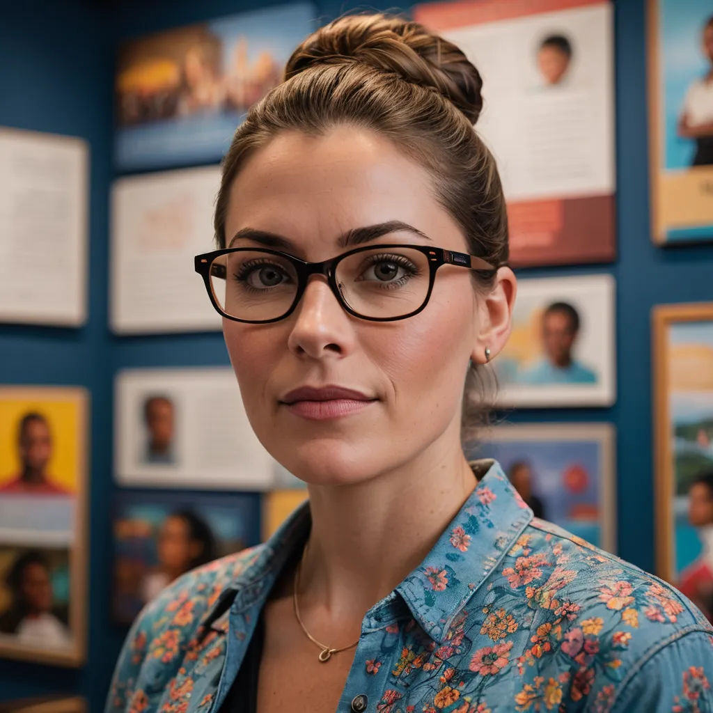 a woman wearing glasses standing in front of a wall of pictures and posters with a man in the background, serial art, a character portrait, Amy Weber, profile picture