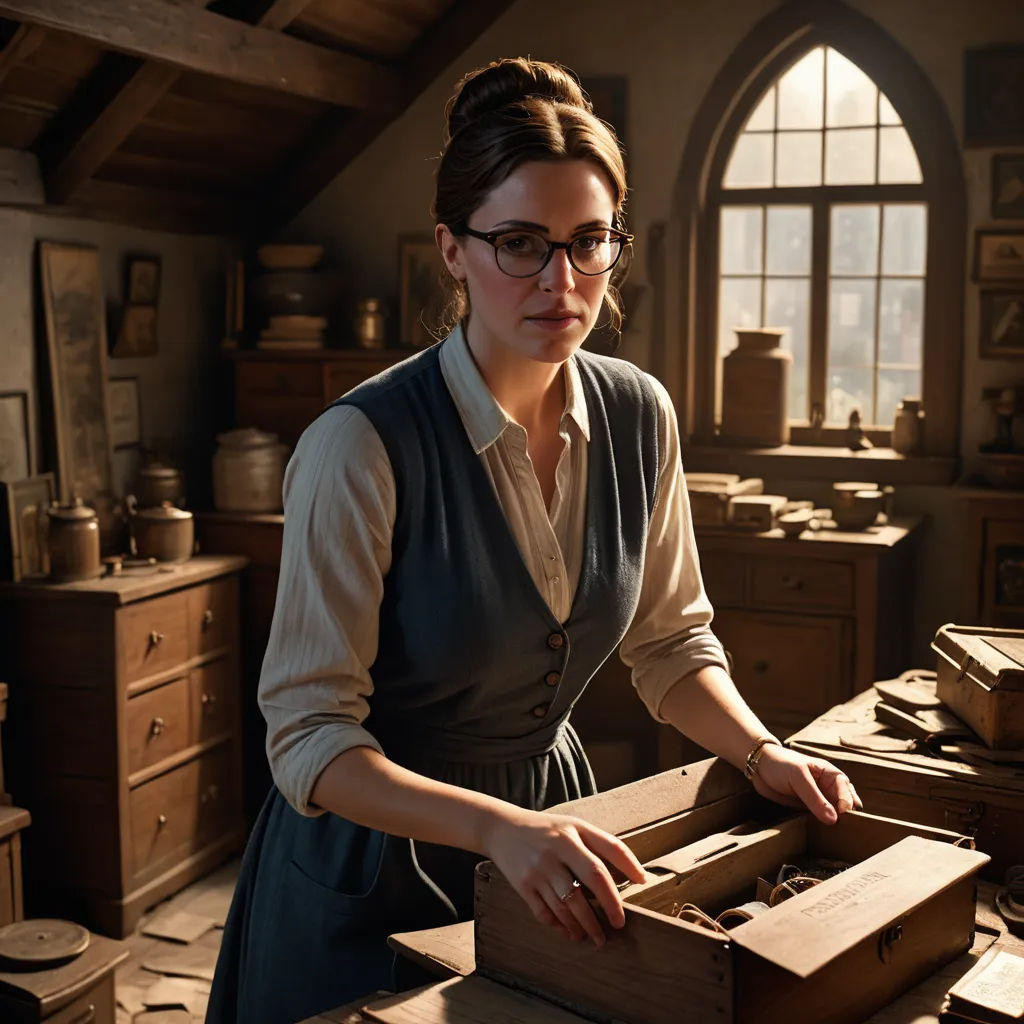 a woman in a room with a box and a window in it and a window behind her that has a window, arts and crafts movement, computer graphics, Anne Said, promotional image