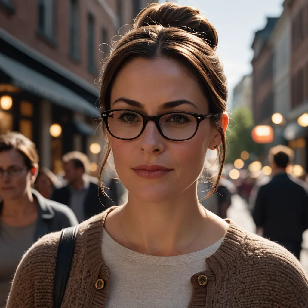 a woman with glasses on a crowded street corner in a city at dusk, looking at the camera, with people walking by, arbeitsrat für kunst, a character portrait, Anna Füssli, glasses