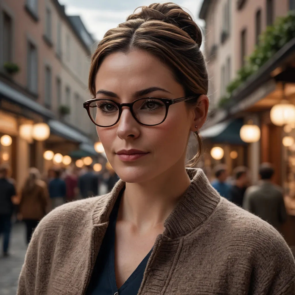 a woman with glasses standing in front of a building with people walking around it and a street light in the background, arbeitsrat für kunst, a character portrait, Christian Hilfgott Brand, glasses
