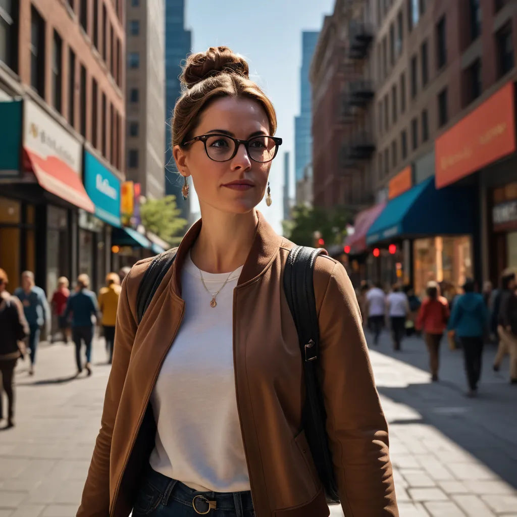 a woman with glasses is walking down the street in a city setting with people walking around and shops on the sidewalk, serial art, a character portrait, Claire Dalby, promotional image