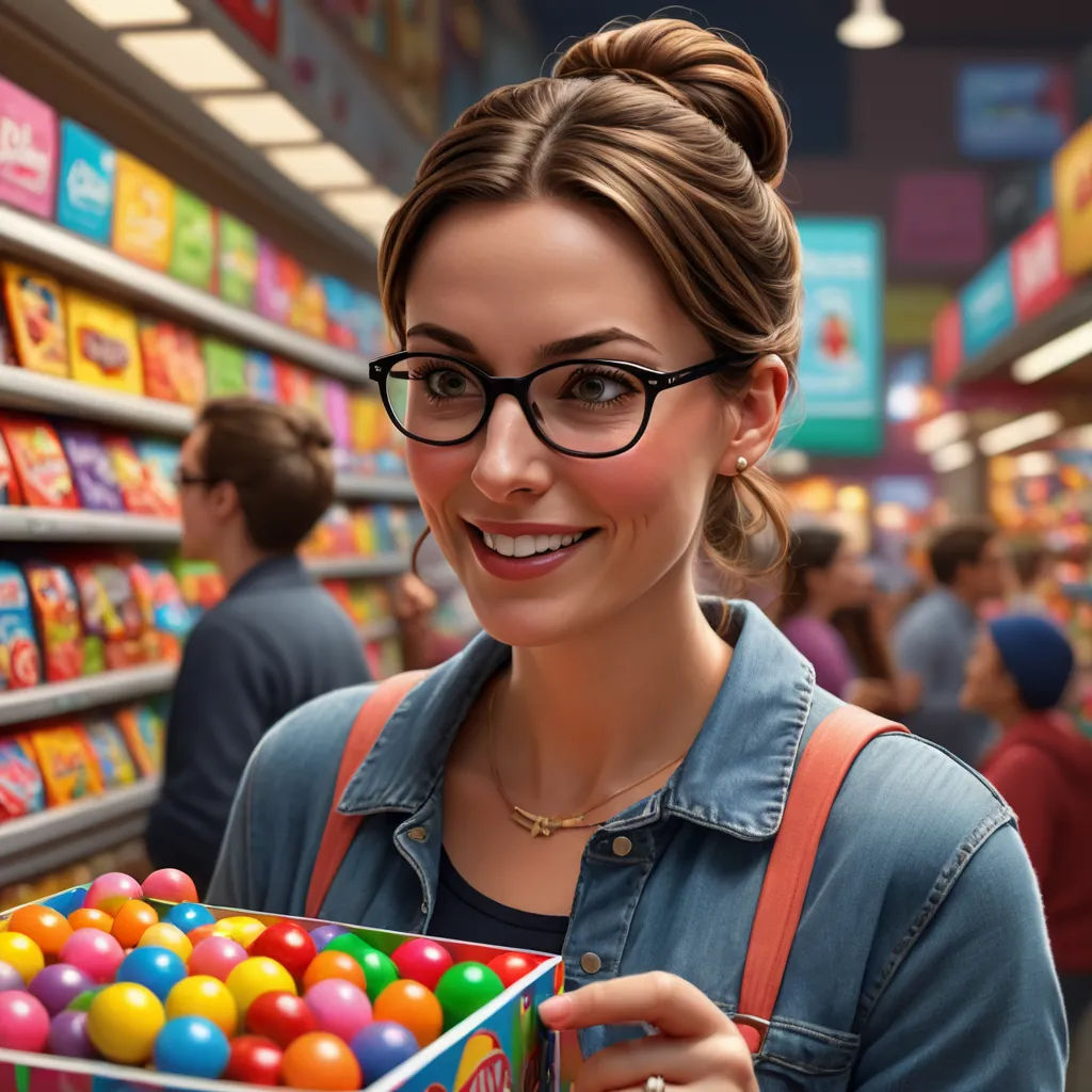 a woman holding a box of candy in a store aisle with other people in the background and a shelf of candy in the foreground, photorealism, a photorealistic painting, Chris LaBrooy, highly detailed digital painting