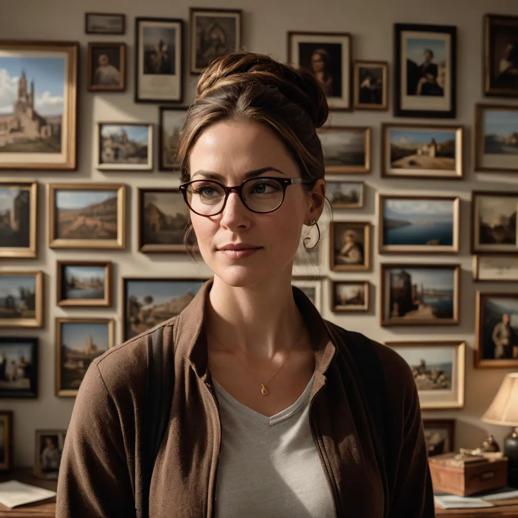 a woman wearing glasses standing in front of a wall of pictures and a lamp in a room with a desk, art & language, a character portrait, Christian Hilfgott Brand, promotional image