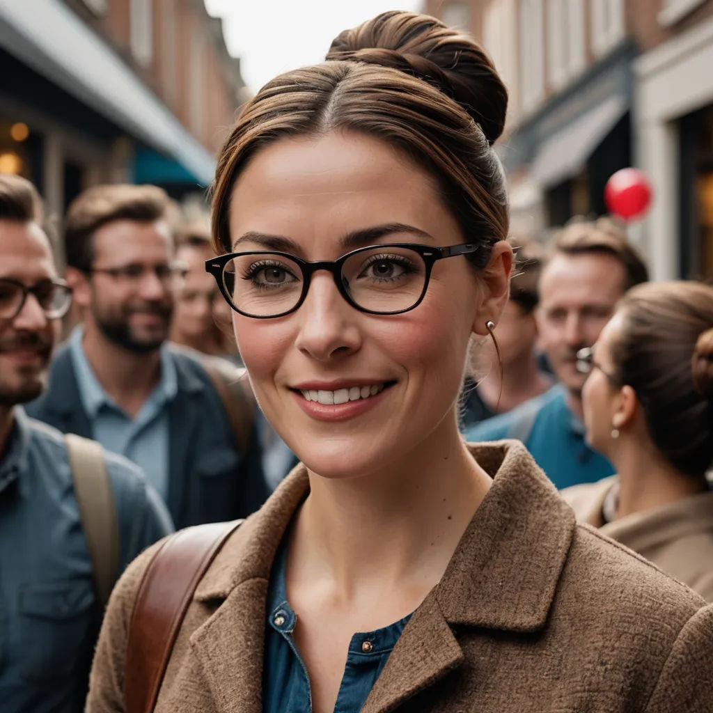 a woman with glasses standing in front of a crowd of people on a street corner with a man in the background, arbeitsrat für kunst, a stock photo, Christian Hilfgott Brand, glasses
