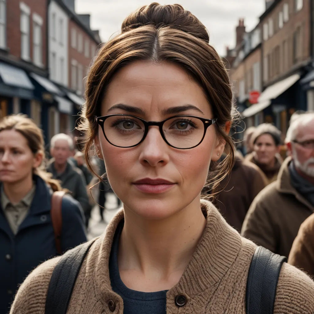a woman with glasses standing in front of a crowd of people on a street with buildings in the background, naturalism, a character portrait, Claire Dalby, promotional image