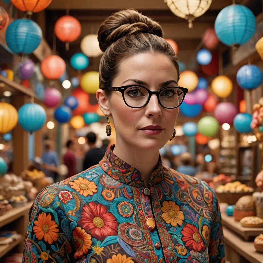 a woman wearing glasses standing in a store with many colorful lanterns hanging above her head and a woman with glasses on her head, cloisonnism, a character portrait, Annabel Kidston, glasses