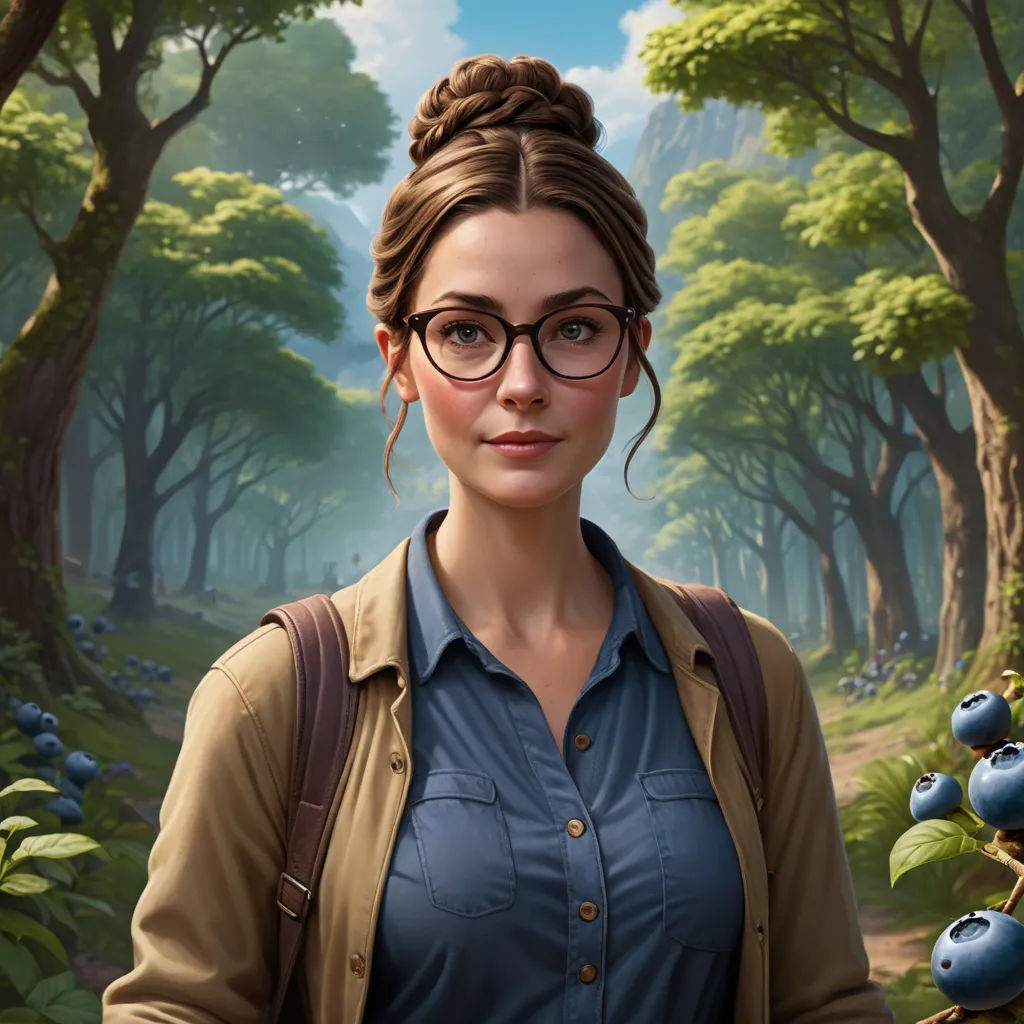 a woman with glasses standing in a forest with blueberries on the ground and trees in the background,, fantasy art, a character portrait, Chris LaBrooy, character portrait
