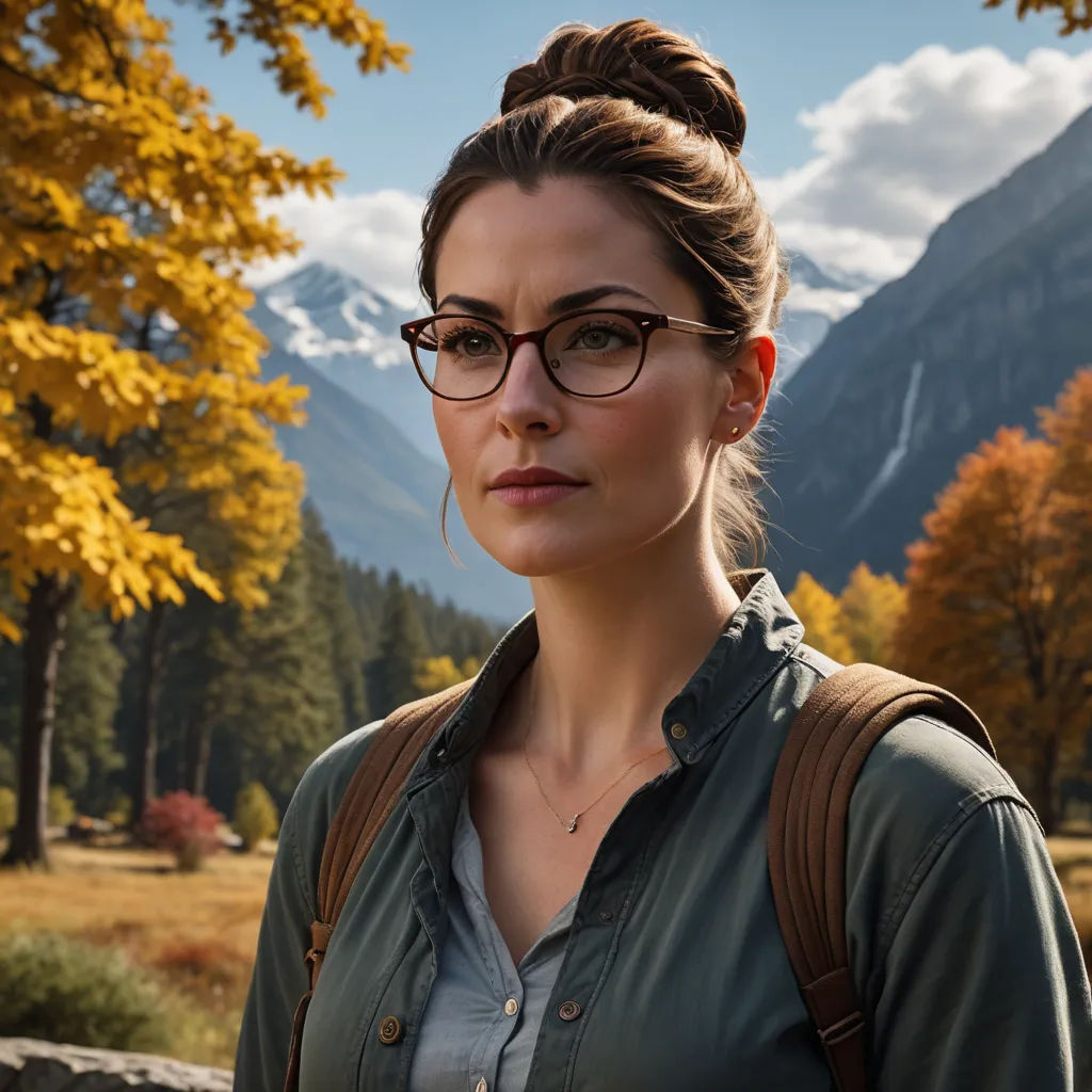 a woman with glasses standing in front of a mountain range with trees and grass in the background and a sky with clouds, symbolism, a character portrait, Anna Füssli, glasses