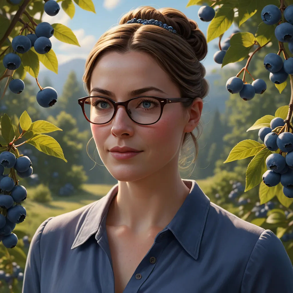 a woman with glasses standing in front of a bush of blueberries with a mountain in the background and a blue sky, photorealism, computer graphics, Chris LaBrooy, ultra realistic digital art