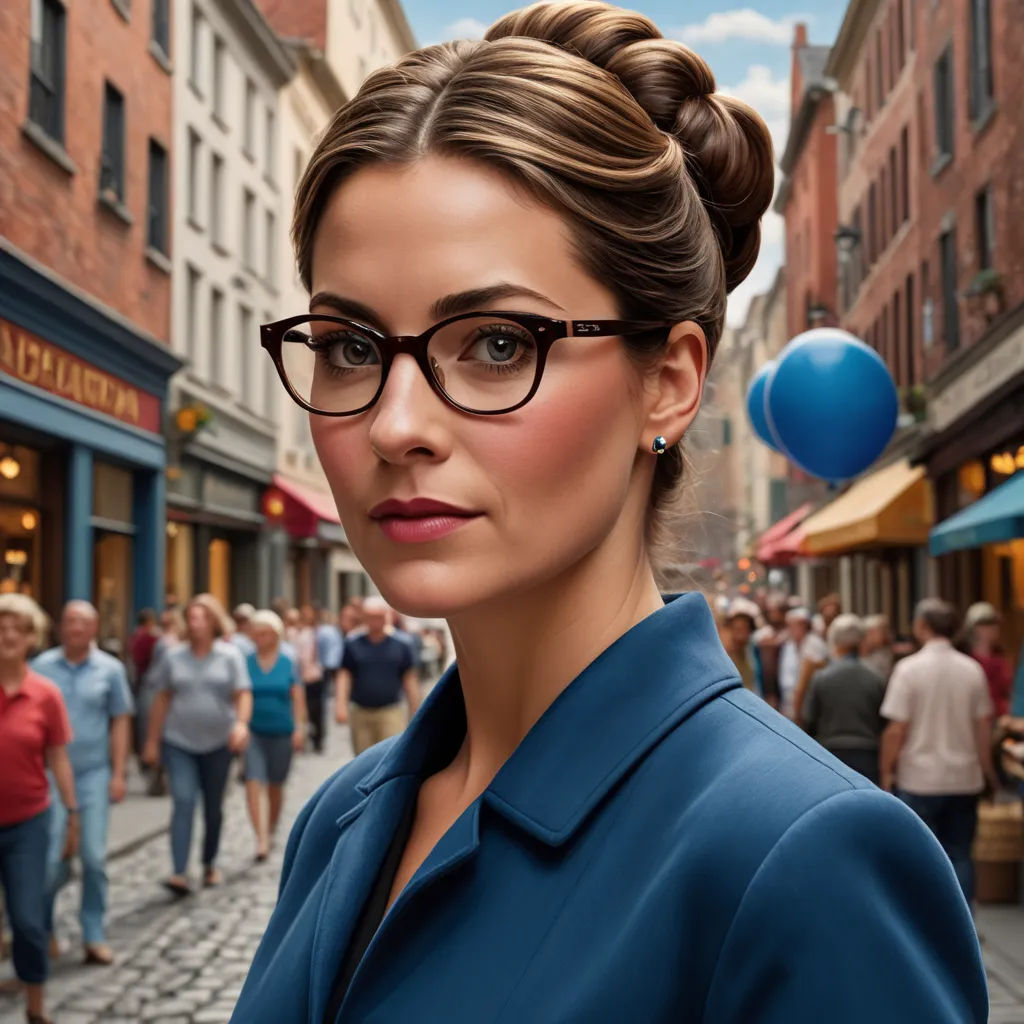 a woman with glasses on a street with people walking around her and a balloon in the air above her, hyperrealism, a computer rendering, Christian Hilfgott Brand, glasses
