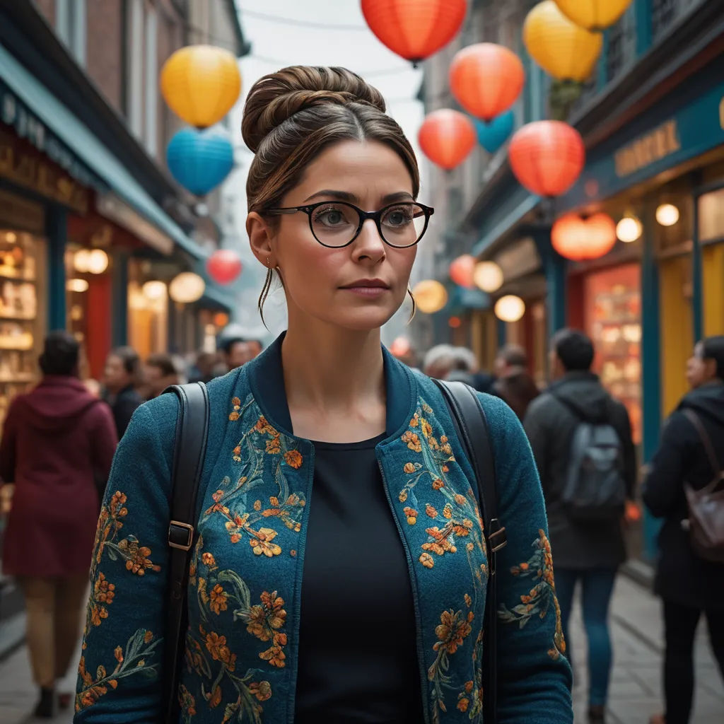 a woman with glasses standing in a crowded street with many lanterns hanging above her head and a woman with a backpack on her shoulder, cloisonnism, a character portrait, Claire Dalby, promotional image