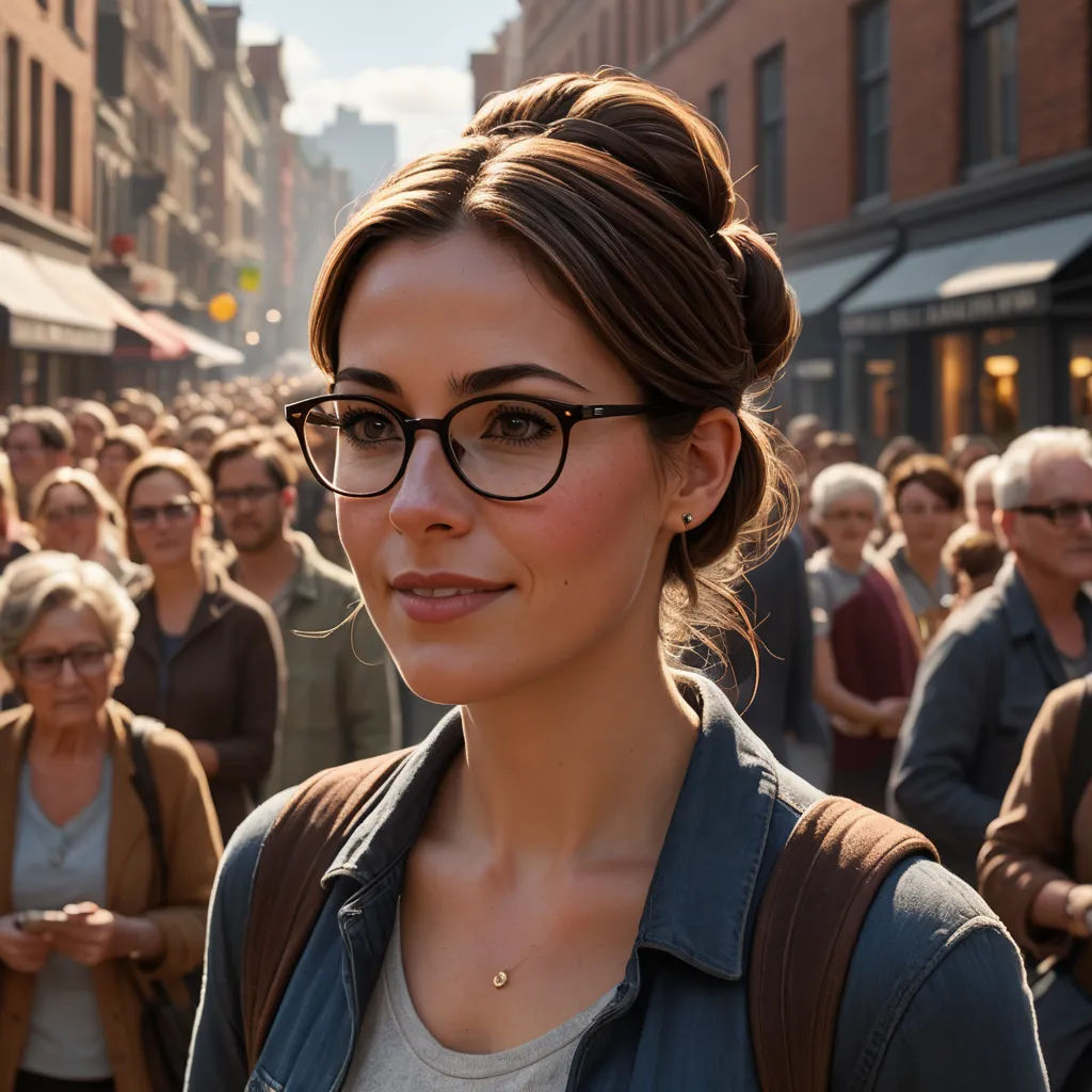 a woman with glasses standing in front of a crowd of people on a street corner in a city with buildings, arbeitsrat für kunst, a character portrait, Eugeen Van Mieghem, promotional image