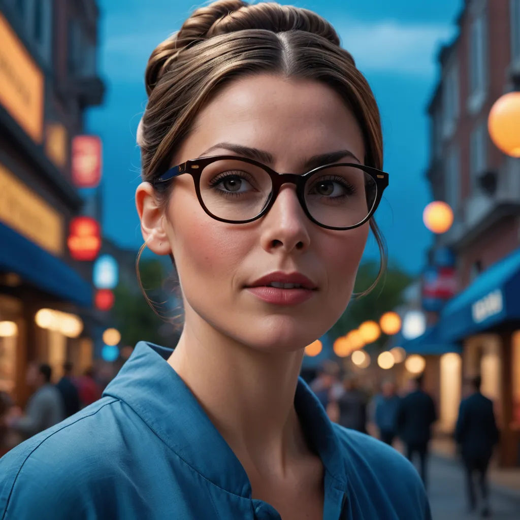 a woman with glasses on a city street at night time, looking at the camera with a serious look on her face, purism, a computer rendering, Christian Hilfgott Brand, zeiss lens