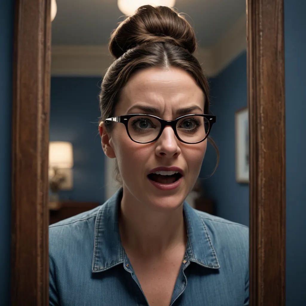 a woman with glasses making a surprised face in a mirror with a light on the wall behind her and a blue wall behind her, feminist art, a character portrait, Arabella Rankin, promotional image