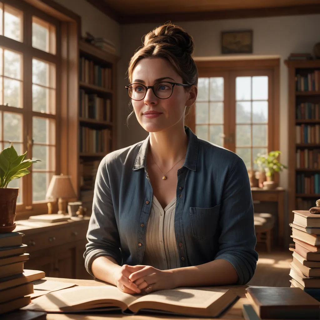 a woman sitting at a table with a book in front of her and a stack of books behind her, academic art, a stock photo, Claire Dalby, anamorphic lens flare