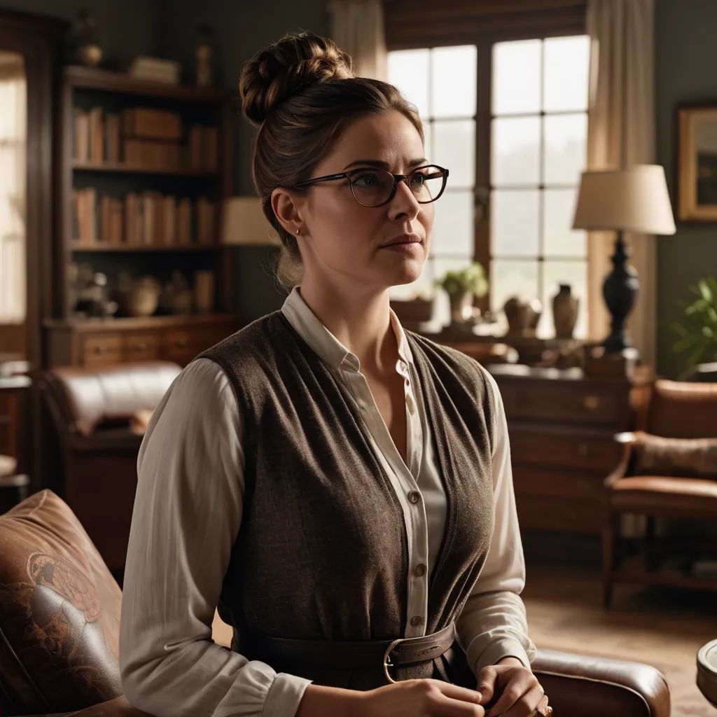 a woman sitting in a chair in a room with a bookcase and a lamp on the table in front of her, academic art, a character portrait, Arabella Rankin, promotional image