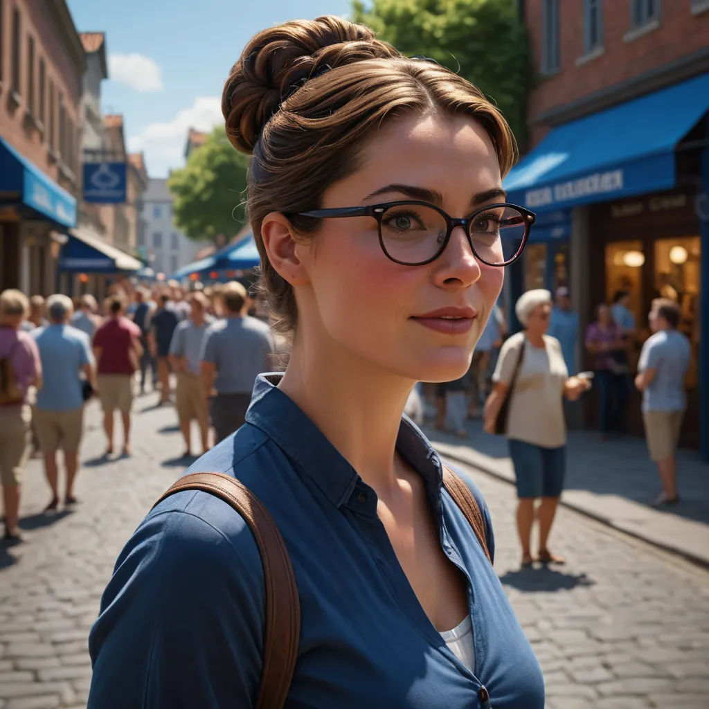 a woman with glasses standing on a street corner in front of a crowd of people and shops on a sunny day, arbeitsrat für kunst, a character portrait, Adrienn Henczné Deák, glasses