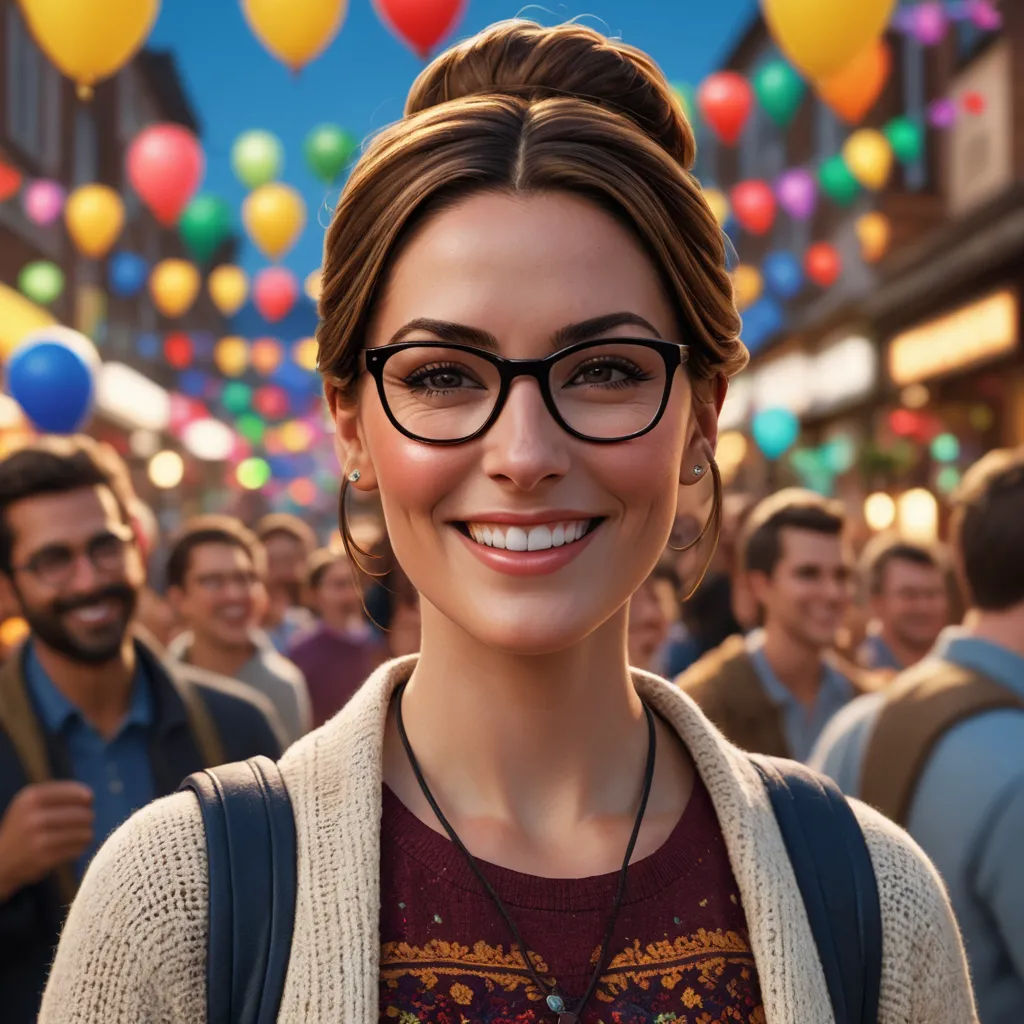 a woman with glasses and a sweater on in front of a crowd of people with balloons in the background, photorealism, a computer rendering, Ella Guru, affinity photo