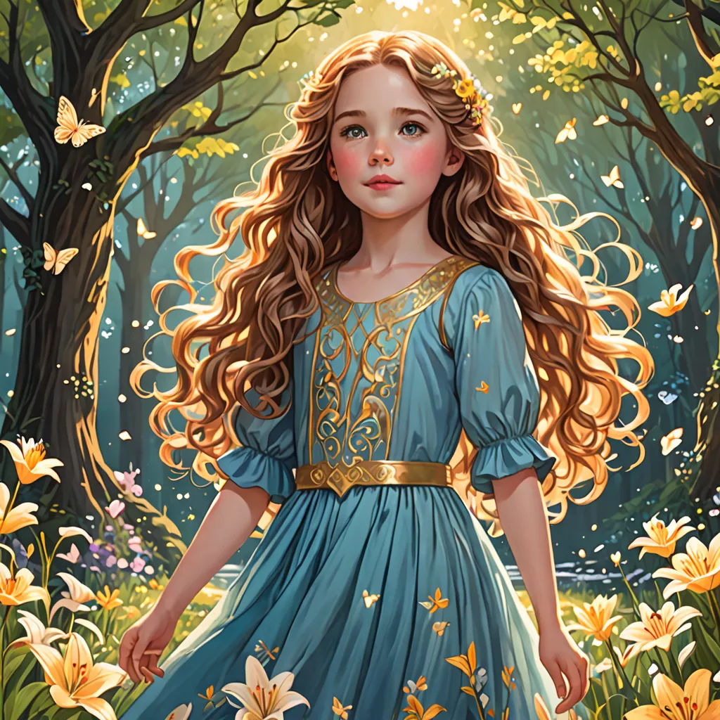 a painting of a girl in a blue dress in a forest with flowers and butterflies around her, with a butterfly in her hair, fantasy art, a storybook illustration, Anna Dittmann, rossdraws global illumination