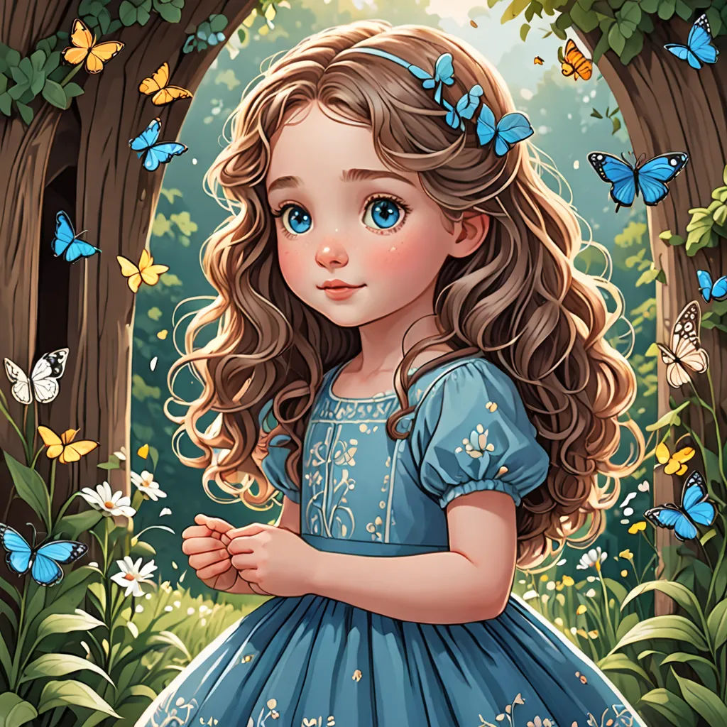a little girl in a blue dress standing in a forest with butterflies around her head and her hands folded, gothic art, a storybook illustration, Alice Prin, highly detailed digital painting