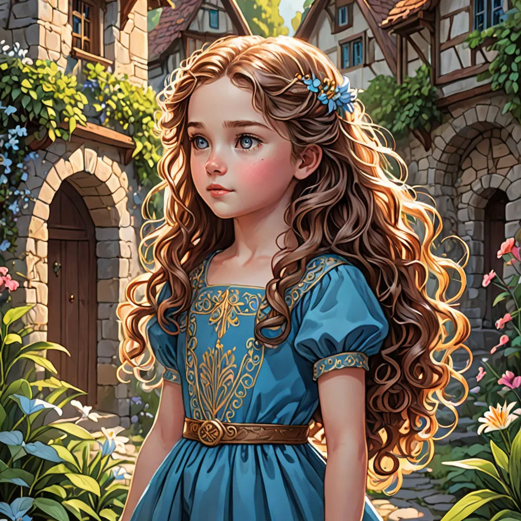 a painting of a little girl in a blue dress standing in front of a house with flowers in her hair, fantasy art, a storybook illustration, Arthur Hughes, kinkade