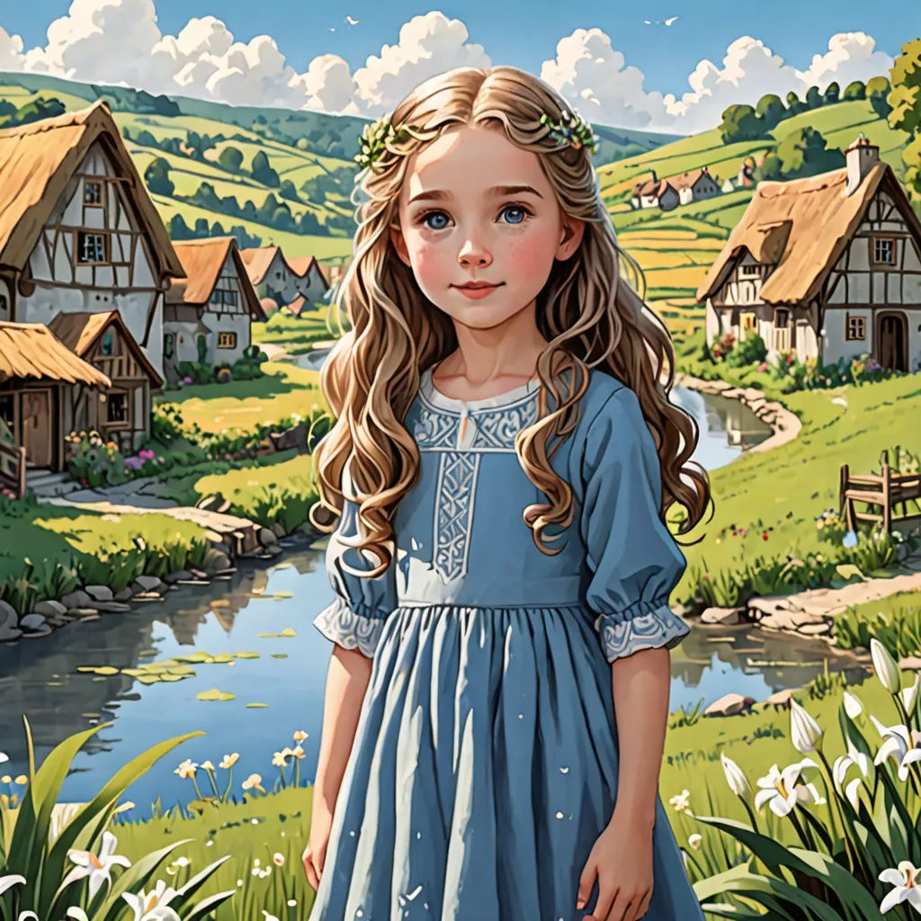 a painting of a girl in a blue dress standing in front of a river and a village with a bridge, fantasy art, a storybook illustration, Bob Byerley, storybook illustration