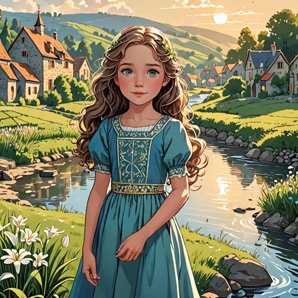 a girl in a blue dress standing in front of a river and a village with a river running through it, fantasy art, a storybook illustration, Elizabeth Forbes, storybook illustration