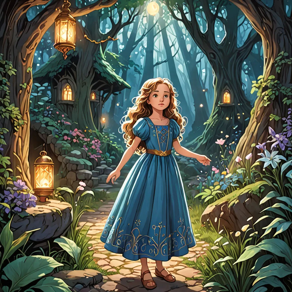 a painting of a girl in a blue dress in a forest with lanterns and flowers on the ground and a path leading to a house, fantasy art, a storybook illustration, Arthur Hughes, kinkade