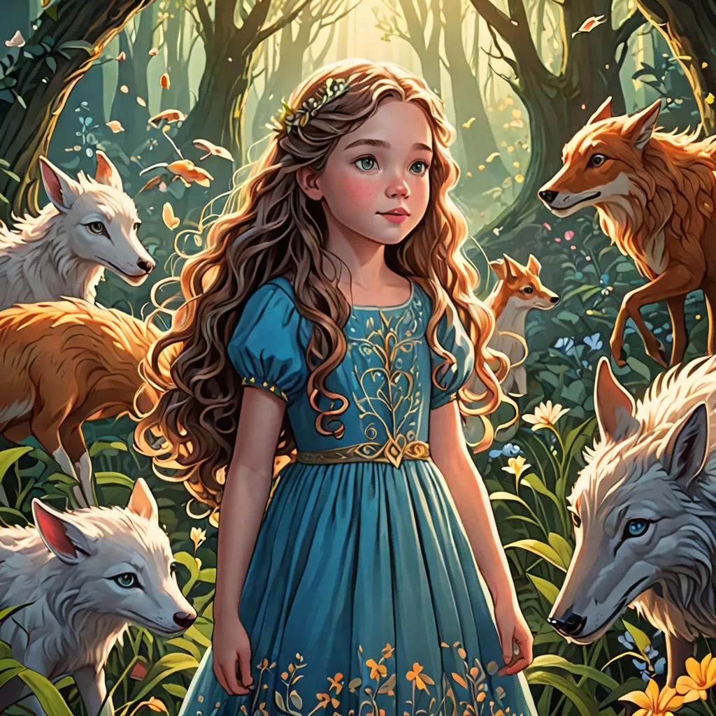 a girl in a blue dress standing in a forest with two white wolfs and a girl in a blue dress, fantasy art, a storybook illustration, Anna Dittmann, storybook illustration