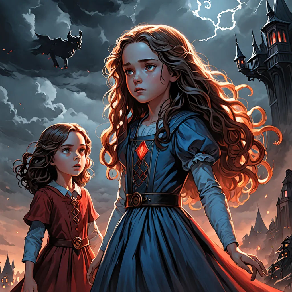 a painting of a girl and a girl in a dress standing in front of a castle with a bat flying overhead, gothic art, a storybook illustration, Brothers Hildebrandt, comic cover art