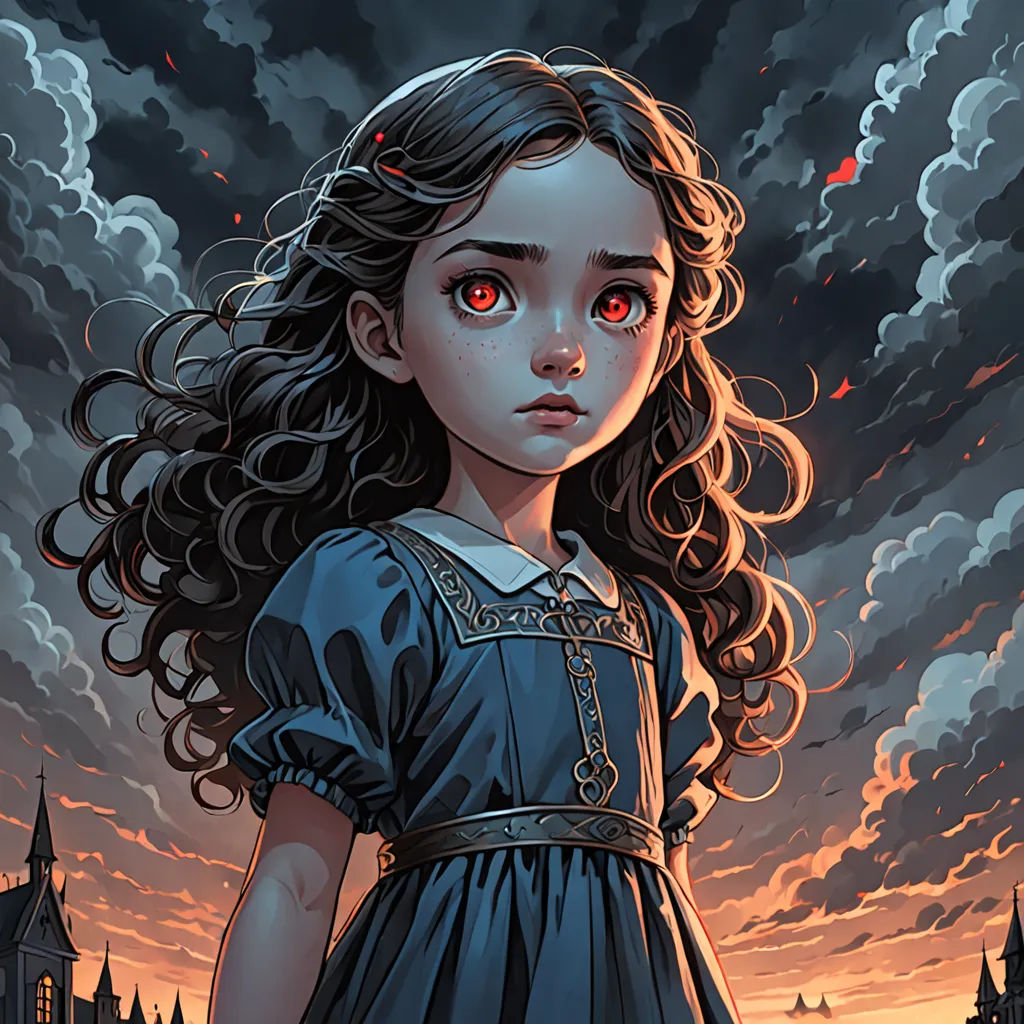 a girl with red eyes standing in front of a castle with a red eye on her face and a dark sky with clouds, gothic art, a storybook illustration, Edgar Ainsworth, rossdraws global illumination