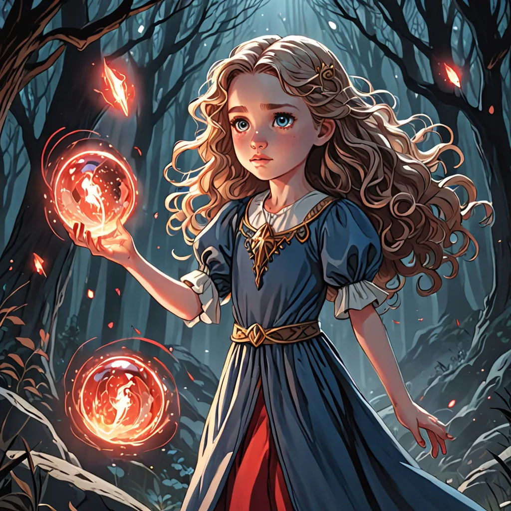 a girl in a blue dress holding a glowing orb in a forest with trees and branches in the background, fantasy art, a storybook illustration, Alice Prin, rossdraws global illumination