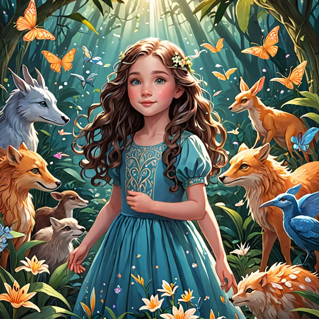 a little girl standing in a forest surrounded by animals and butterflies, with a sunbeam in the background, fantasy art, a storybook illustration, Anna Dittmann, storybook illustration