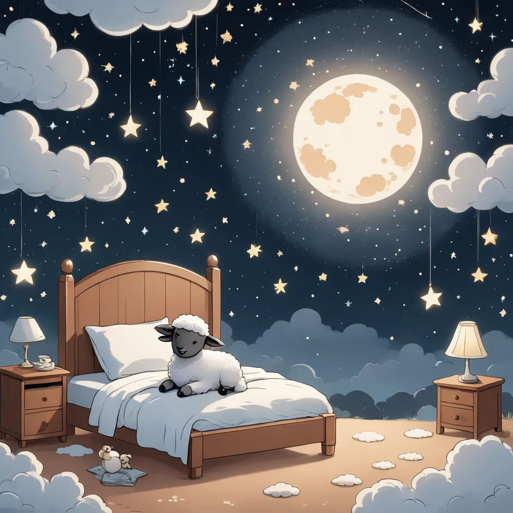 a sheep is sitting on a bed in the night sky with stars and clouds around it and a full moon, pop surrealism, a storybook illustration, Chris LaBrooy, storybook illustration