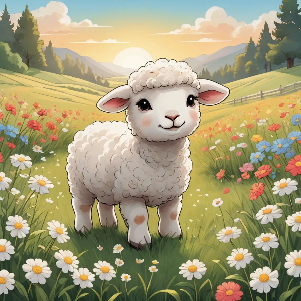a sheep standing in a field of flowers and daisies with a sunset in the background and a field of flowers, folk art, a character portrait, Chris LaBrooy, promotional image