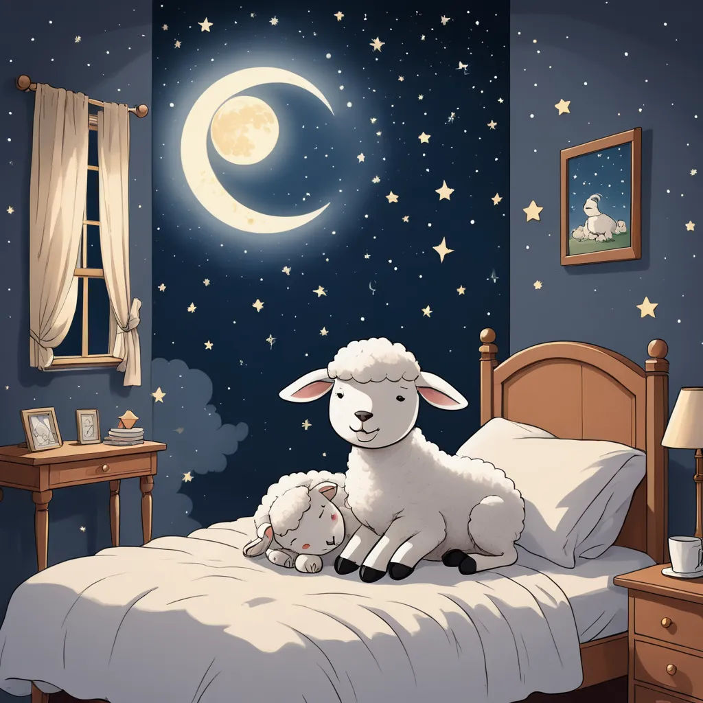 a sheep and lambs are sitting on a bed in a bedroom with a night sky and stars on the wall, pop surrealism, a storybook illustration, Chris LaBrooy, storybook illustration