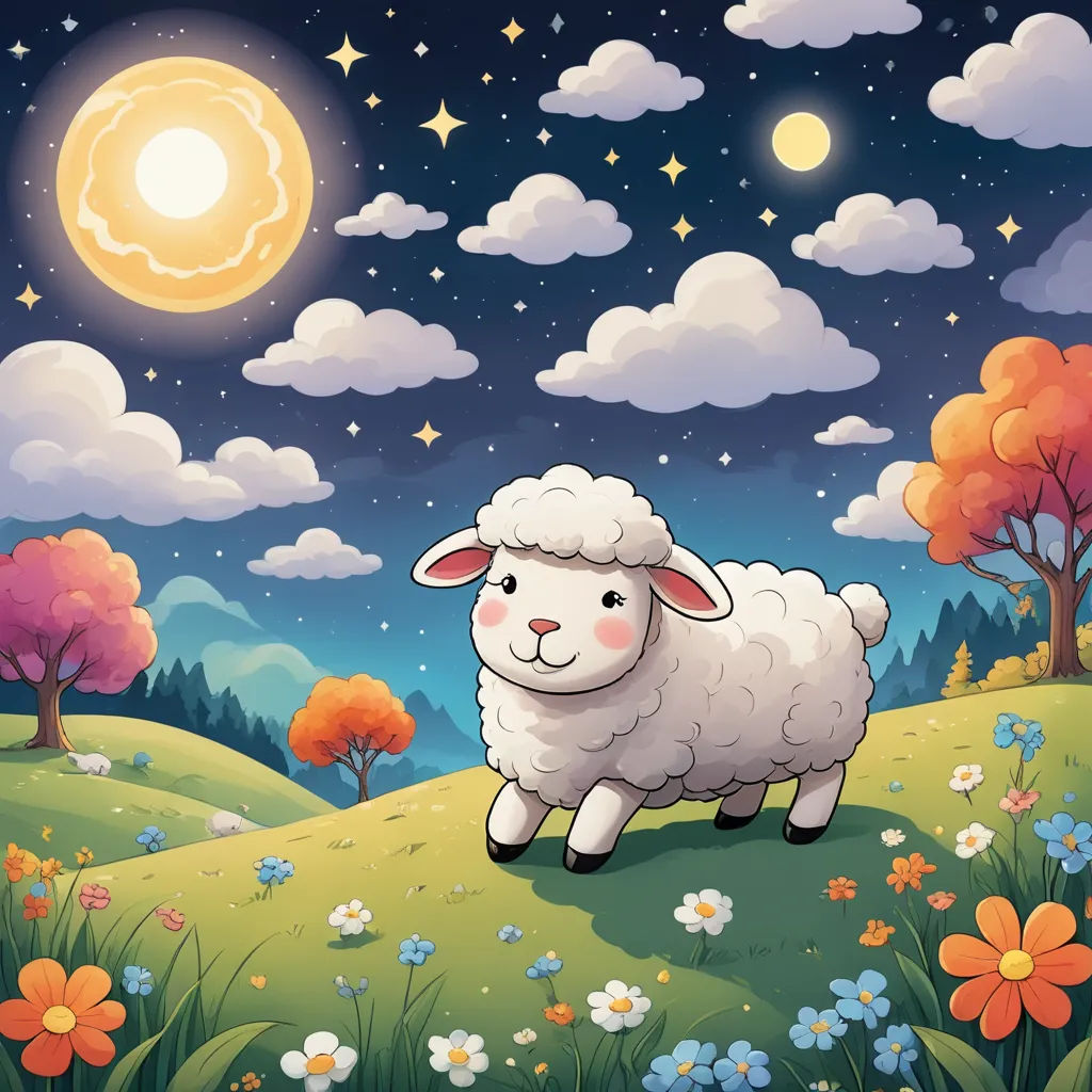 a sheep standing on a hill with a full moon in the background and flowers in the foreground, and a field with flowers and trees, and a full moon in the background, pop surrealism, a storybook illustration, Chris LaBrooy, storybook illustration