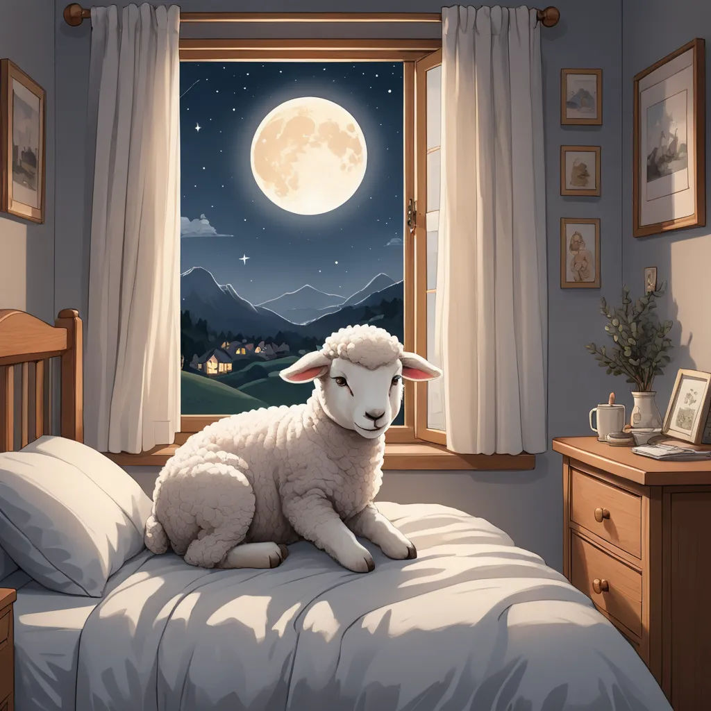 a sheep sitting on a bed in front of a window with a night sky and mountains in the background, optical illusion, a storybook illustration, Chris LaBrooy, storybook illustration