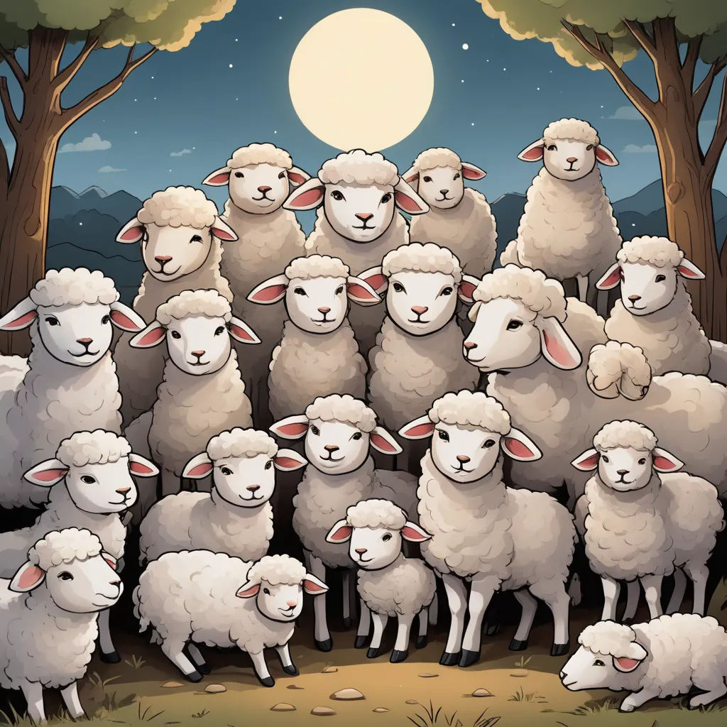a herd of sheep standing in front of a forest under a full moon sky with trees and a full moon, incoherents, a storybook illustration, Chris LaBrooy, furaffinity