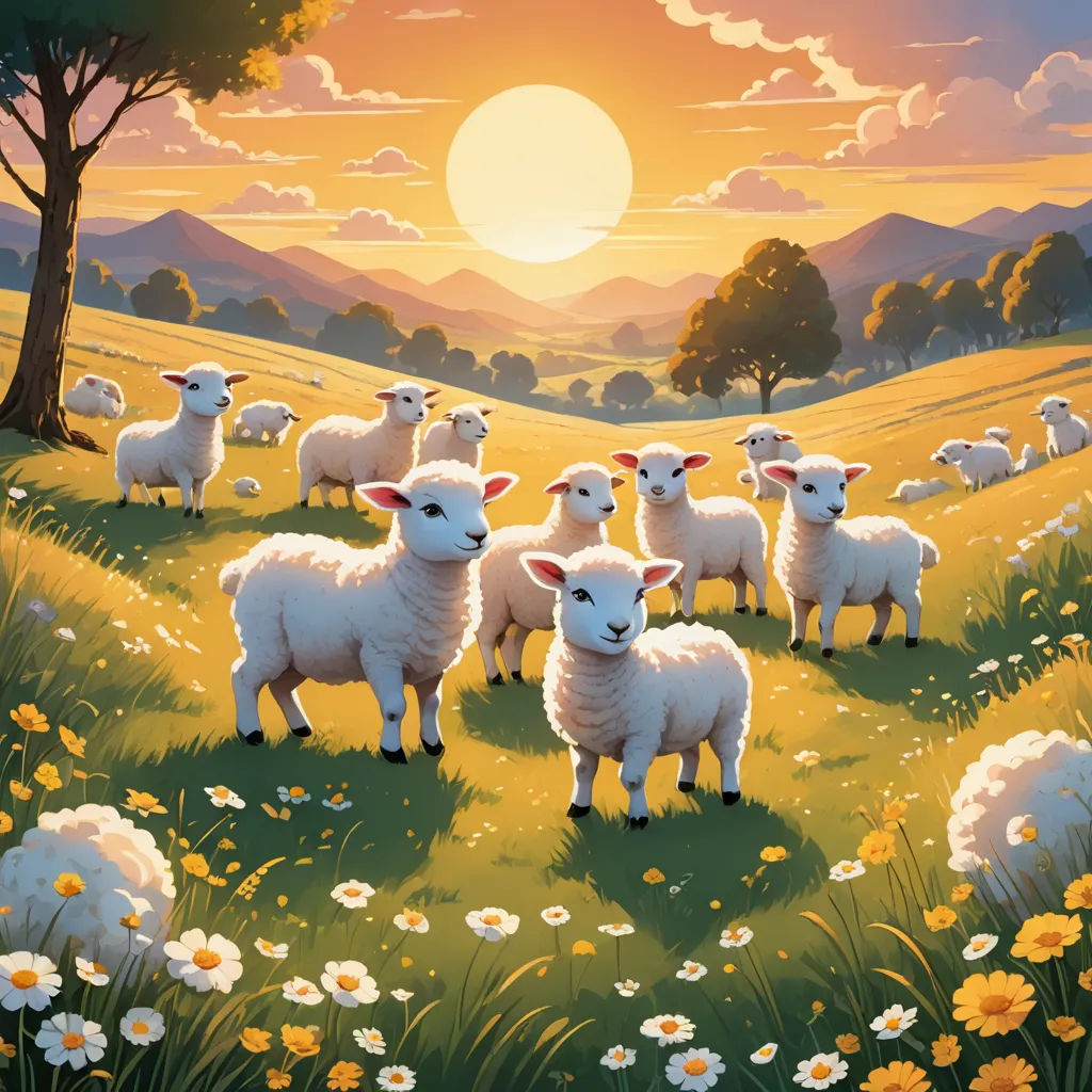 a painting of a herd of sheep in a field with a sunset in the background and flowers in the foreground, naive art, a storybook illustration, Chris LaBrooy, rossdraws global illumination