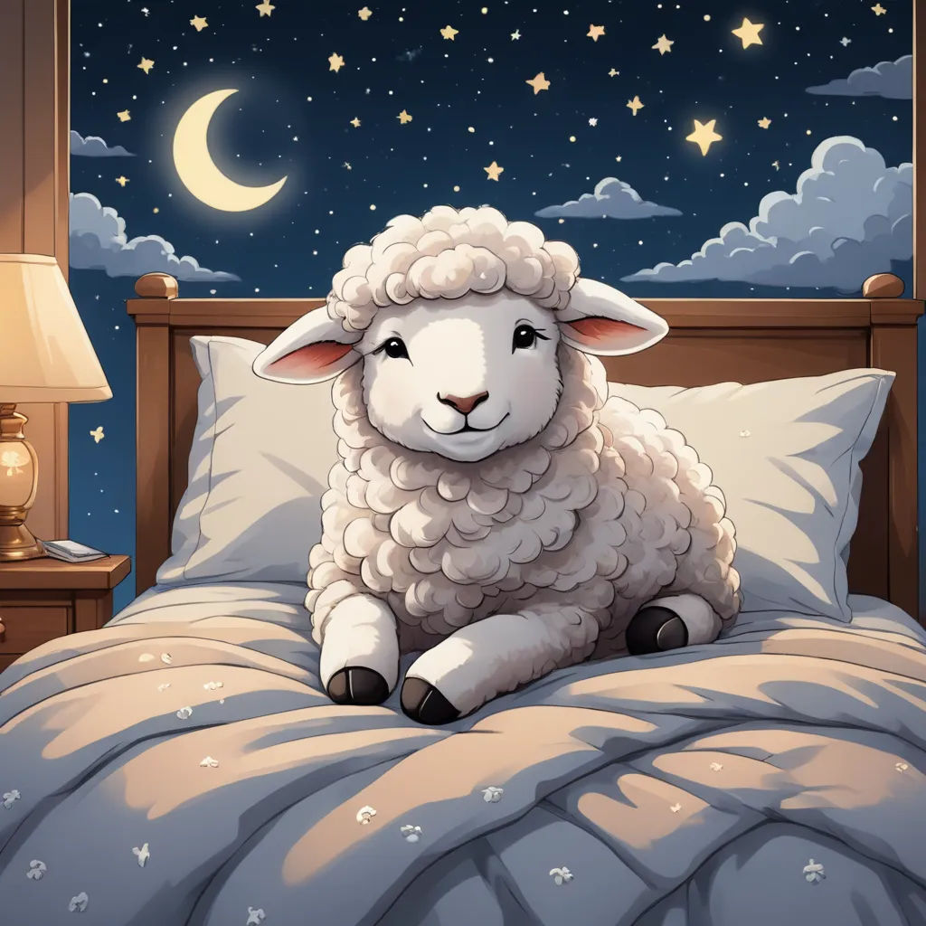a sheep sitting on a bed under a night sky with stars and a moon in the sky above it, pop surrealism, a storybook illustration, Chris LaBrooy, storybook illustration