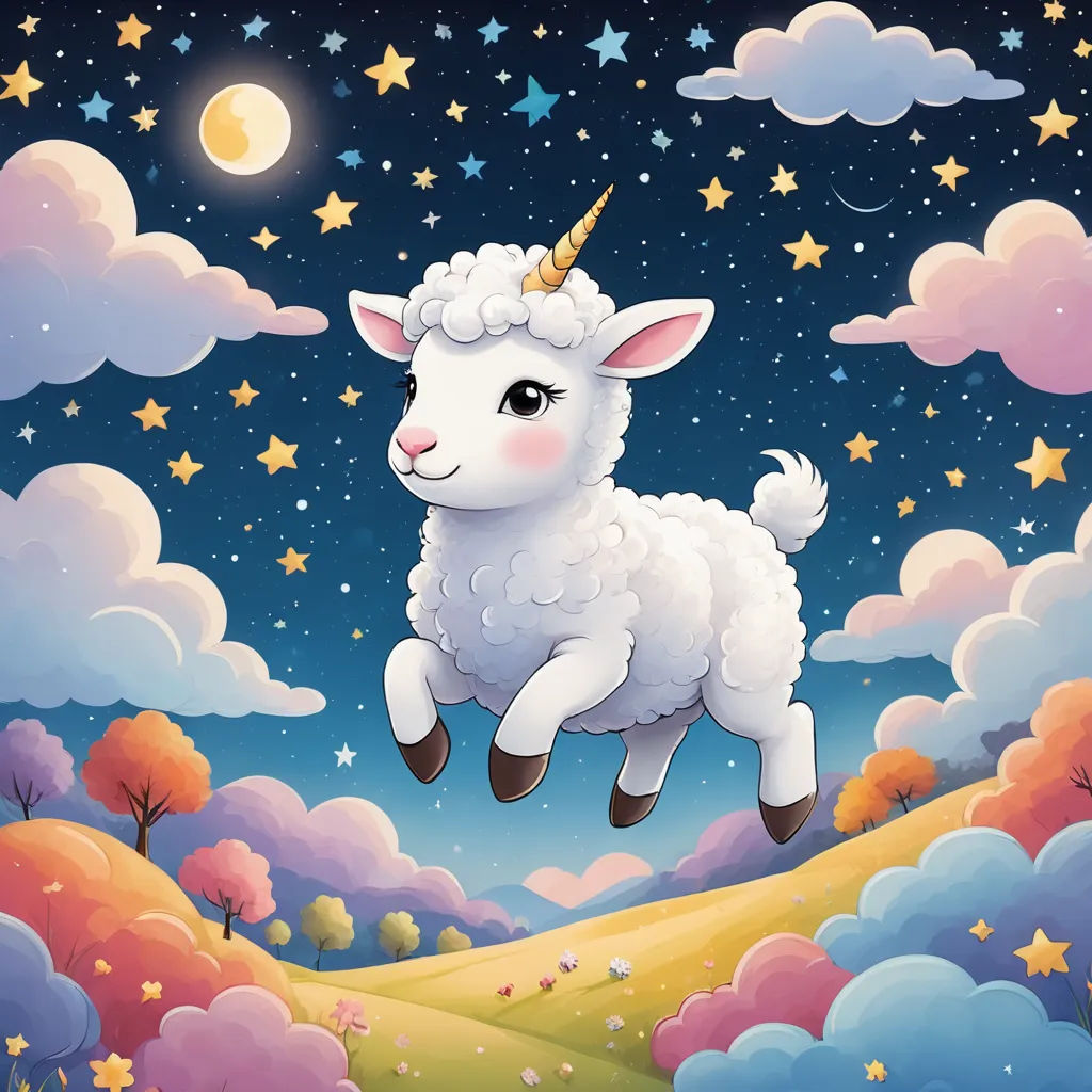 a cartoon sheep is flying through the sky with stars and clouds around it, and a full moon in the background, pop surrealism, a storybook illustration, Chris LaBrooy, fantasy illustration